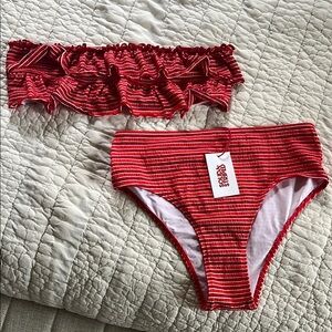 Red Striped Ruffle Bikini Set